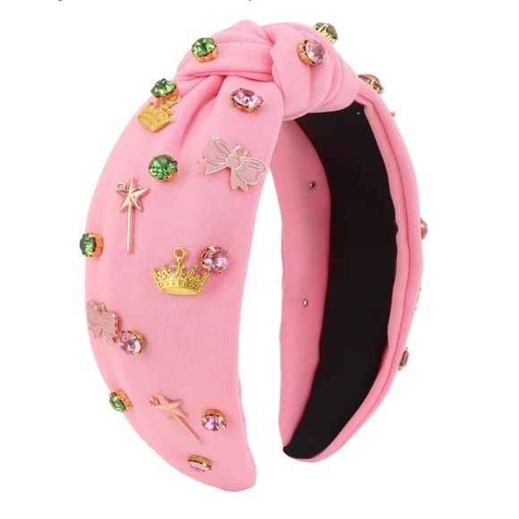 Accessories - Pink Knotted Rhinestone Headband with Gold Charm Accents